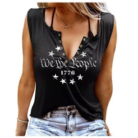 MHTOR We The People 1776 V Neck Tank for Women 4th of July Patriotic Shirt American Flag Sleeveless Graphic Tees Tanks (Small, Black)