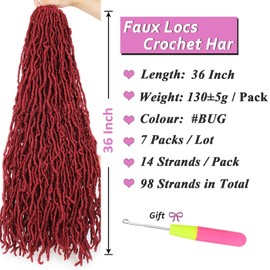 Samtress 36 Inch Goddess Locs Crochet Hair 7 Packs Long Faux Locs Crochet Hair Soft Locs Burgundy Pre-looped Messy Faux Locs Crochet Braids Synthetic Curly New Locs Braiding Hair Extension (#BUG)