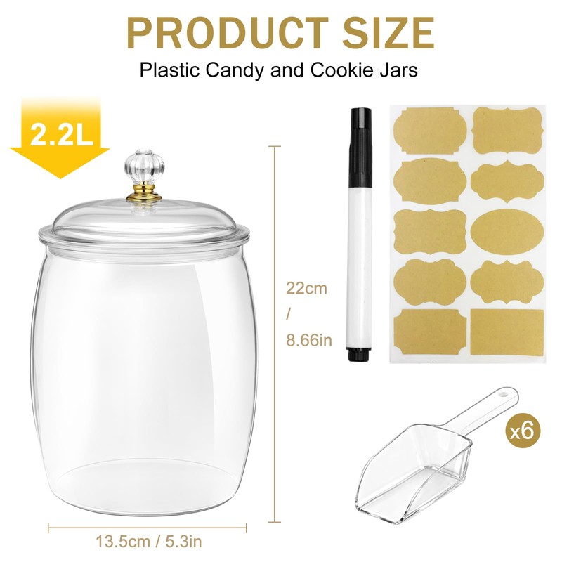 FALUCKYY 6 PCS Plastic Candy Jars with Lids, 2.2L 74oz