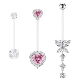 CHARMONLINE 14G Heart Flexible Clear Acrylic Pregnancy Belly Button Ring Butterfly Dangle Pregnancy Maternity Belly Rings (PINK)