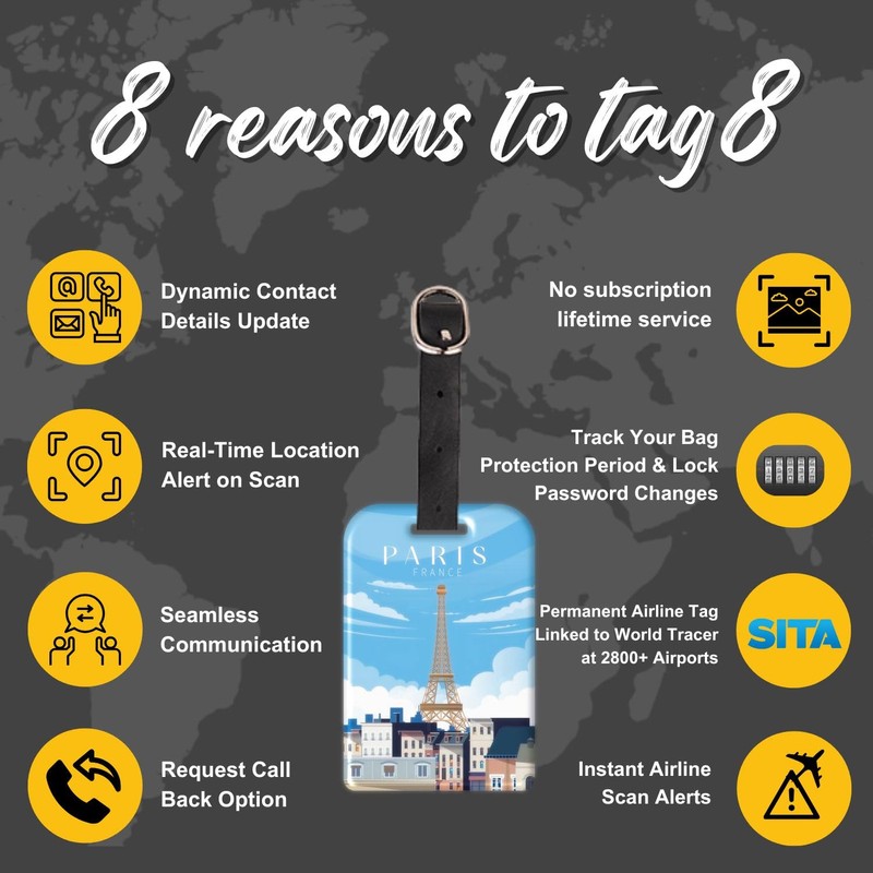 [Pack 2] tag8 Paris Smart Bag tag |Trendy Luggage tag