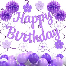 Birthday Decorations for Girls Women, Purple White Party Decorations, Happy Birthday Banner with Paper Flowers, Circle Dots Garland, Hanging Swirls.