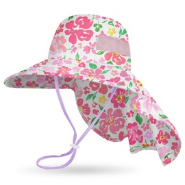 MHJY Sun Hat Children's Sun Hat Girls Hat Summer UV Protection 50 Hats Unicorn Fishing Hat Wide Brim Cap with Neck Flap Toddler 2-9 Years, White Flower