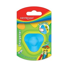 KEYROAD Ergonomic Double Pencil Sharpener Triangular with Container / 1 Piece / Plastic / Steel Blades / Pencils and Coloured Pencils / Blister Pack - Mixed Colours
