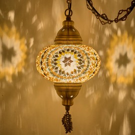 DEMMEX Plug-in Turkish Moroccan Mosaic Hanging Pendant Ceiling Light – Swag Lamp Fixture with 15ft Cord & Chain, Handcrafted Glass, Vintage Tiffany Style, Mediterranean Exotic Decor, Amber Brown