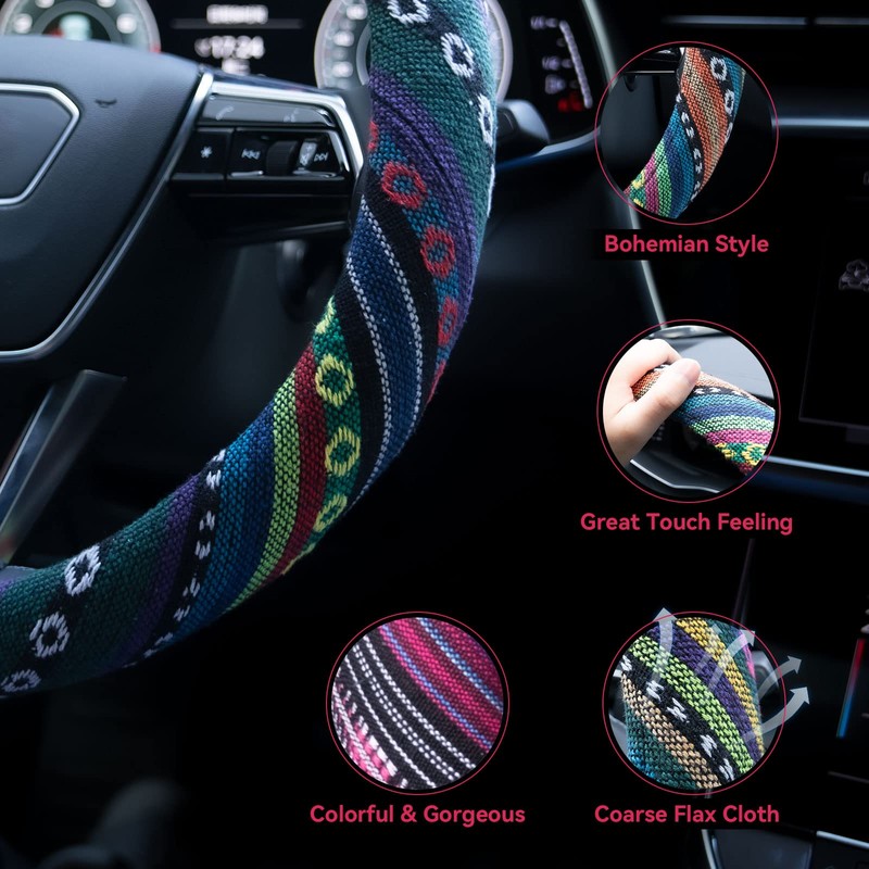 Limsas Boho Steering Wheel Cover Elastic Microfiber for Women, Universal