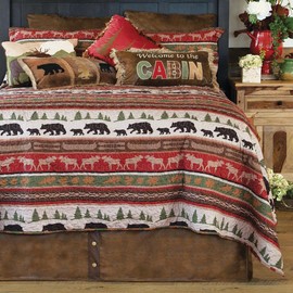 BLACK FOREST DECOR - Queen Quilt Bed Set - Bear & Moose Cabin - Three Bed Set - Quilt, Two Pillow Shams