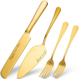 Juego de cuchillos y servidores para tartas de boda con tenedores, juego de corte de pasteles grabado para boda, aniversario de Navidad, compromiso (dorado)