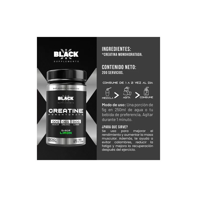 Black Supplements Creatina Monohidratada 1kg 200 Servicios