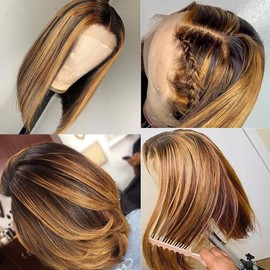 Short Bob Wig Real Hair Human Hair Glueless Wig 13 x 4 Lace Frontal Wig Bob Wig Natural Black Transparent Lace Front Wig Pre Plucked with Baby Hair (4/27 Bob Wig Human Hair, 10 Inches)