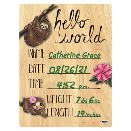 Cohas Hello World Newborn Baby Announcement Printed Wood Sign with Pink Sloth Theme, 5 by 7 Inches, Green Marker