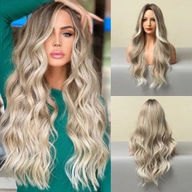 Znnz Peluca Ombre Rubio Gris Peluca Larga Ondulada Parte