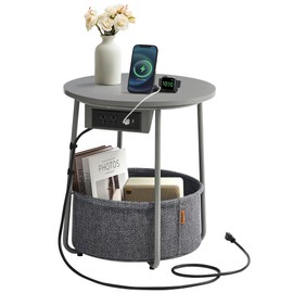 VASAGLE LILEA Collection - Side Table with Charging Station, Round End Table with Fabric Basket, Nightstand with USB Ports, for Living Room, Bedroom, Modern, Dove Gray and Slate Gray ULET228G01