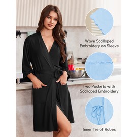 Ekouaer Robes for Women Knee Length Kimono Bathrobe Lightweight 3/4 Sleeve Sleepwear soft Loungewear with Pockets, Black, XX-Large