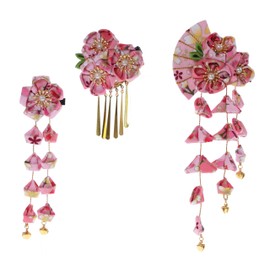 C-122-1 Pink Handmade Fan Shape Sakura Cherry Blossom Fabric Flowers Tassels Hair Clip Hair Clip Japanese Geisha Kimono Accessory Set of 3