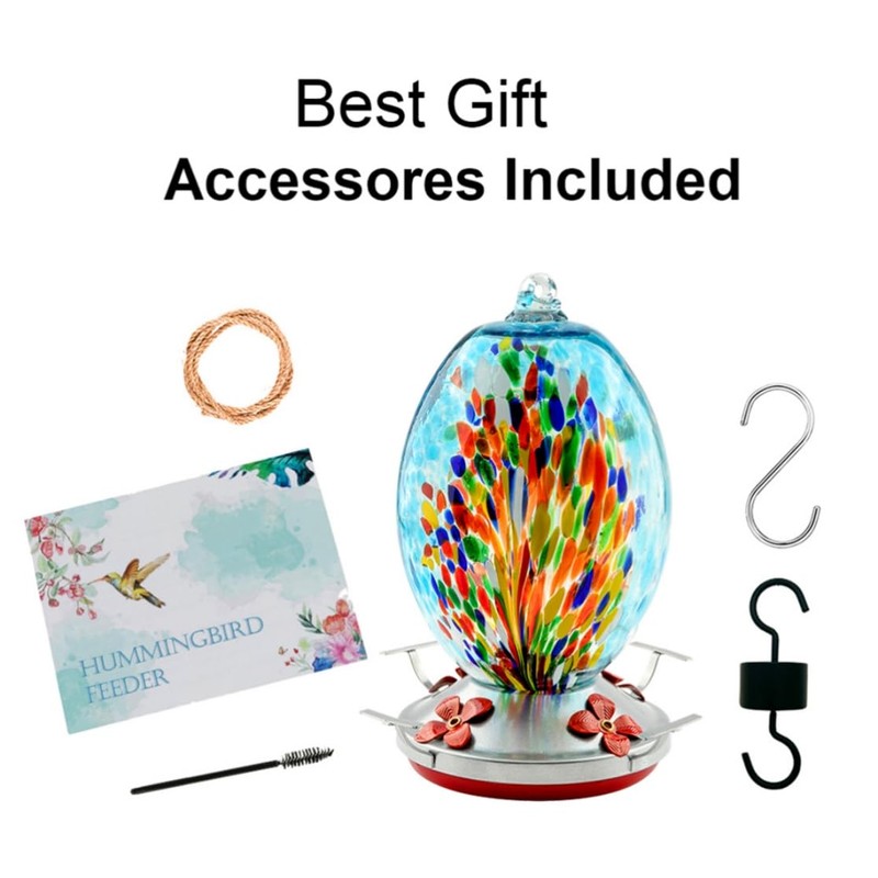 2 Pack Unique Hand Blown Glass Hummingbird Feeders for Outdoors