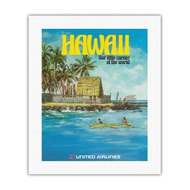 Hawaii - United Airlines - City of Refuge, Honaunau Bay - Vintage Airline Travel Poster by Michael Hagel c.1970s - Fine Art Rolled Canvas Print 16in x 20in