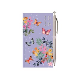 2026 Slim Pocket Diary Week to View & Pen - Purple Butterfly Floral Wallet Size Hardcover Planner - Lightweight Compact Portable Organiser Notebook - Student Travel Diary Gift
