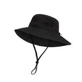 LJCZKA Wide Brim Sun Hat for Men Women,Unisex Waterproof Packable Bucket Hat with Chin Strap,Breathable Mesh Bucket Hat with Criss Cross Ponytail Hole (UK, Alpha, One Size, Black)