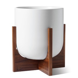 LE TAUCI 12 Inch Pots for Plants with Acacia Wood Stand, Ceramic Large Planters for Indoor Plants, Indoor Plant Pots for Office Living Room, Cylinder Pots for Plants with Drainage Hole and Plug, White