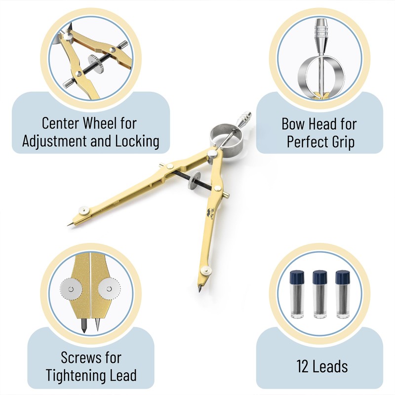 Mr. Pen- Professional Compass for Geometry, Gold with Extra Leads,