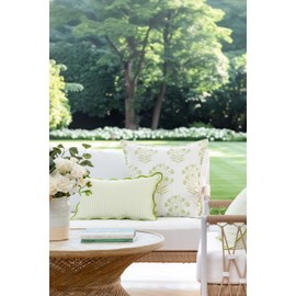 Hofdeco Premium Coastal Patio Indoor Outdoor Scalloped Lumbar Pillow Cover Only, 12"x20" Water Repellent for Backyard, Couch, Green Print Stripes