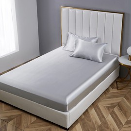 Damier Fitted Sheet 200 x 200 cm Grey Satin Silk Shiny Flat Sheet High-Quality Deluxe Plain Fitted Sheet Suitable for Mattresses up to 30 cm