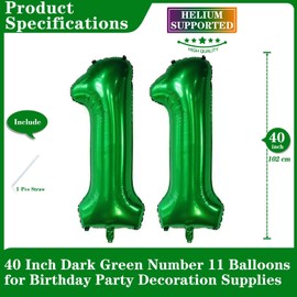 Dark Green 11 Number Balloons, 40 Inch Giant Number 11 Balloons Foil Mylar Helium Dark Green Number Balloons for 11th Birthday Party Supplies Anniversary Event Celebration Decorations