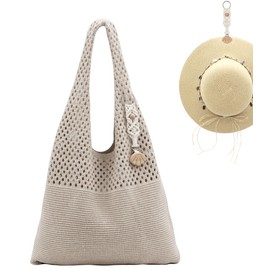 RUNROLE Crochet Beach Bag for Women Summer Beach Tote Bags Travel Shoulder Handbags with Hat Clip on Charm(Small, Khaki)