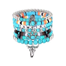 DATOA Western Turquoise Beaded Stretch Bracelet Bohemian Bull Head Cow Cactus Flower Boot Charm Stackable Bracelet Y2K Summer Beach Jewelry-B