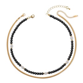 COAI Herringbone Shell Pearl Black Obsidian Stone Beaded Choker Necklaces for Women