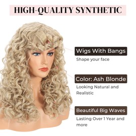 LONAI Curly Wig with Bangs for Women Long Ash Blonde Kinky Wigs with Bangs WIG006 Curly Shag Synthetic Wig for Daily Use Party Cosplay-Ash Blonde