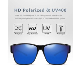 Br'Guras Oversized Fit Over Sunglasses Wear Over Glasses with Polarized Lenses Retro Squared Sunglasses for Men (Black/Blue, Blue)