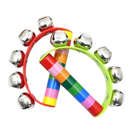 2Pcs Smooth Surface Hand Jingle Bells Rainbow Style Wooden Hand Bells Easy Grip Wood Handle Jingle Bells Instrument for School Band Performances