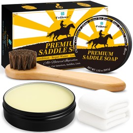 Feilove Saddle Soap for Leather – All-Natural 3-in-1 Leather Cleaner & Conditioner Kit with Horsehair Brush & Cloth – For Boots, Bags, Saddles, Car Interiors, Shoes 3.52oz
