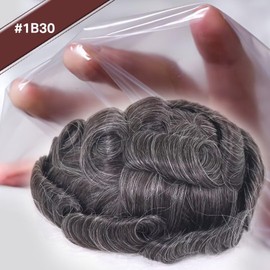 blazingfire 0.06mm Ultra Thin Skin Mens Toupee Indian Human Hair Amiable Soft Thin Skin Toupee for Man 8x10 Inch Male Hair Replacement System Wigs for Men 1B with 30% Grey