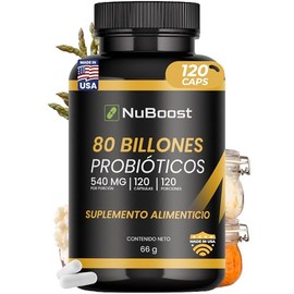NuBoost Probióticos 80 Billones - 120 Cápsulas - 10 Cepas de Lactobacilos con Inulina (Prebiotico) - 120 Porciones - Flora Intestinal - Probiotics -  