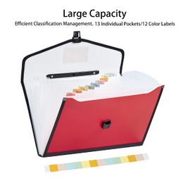 FANWU 13-Pockets Expanding File Folder with Handle, Legal Size, Plastic Accordion Filling File Folder Expandable Monthly Portable Paper Document Organizer for Office School & Home (Red)