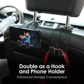 KINIVA Car Seat Headrest Storage Hooks, Set of 2, Suede PU Leather, Double Hooks (05 Black)