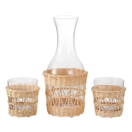 1500 C Tabletop Bedside Night Water Carafe Set 1 Pitcher 48.3 oz. with 2 cups 12.8 oz. Glass Nightstand Water Drinkware Set with Removable Hand Woven Rattan, Use Cup as Lid, Clear