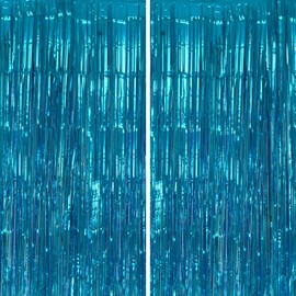 DECOCKRAT 2 Pack Foil Fringe Backdrop - Blue Shiny Tinsel Curtains for Party Decoration/Photo Booth Props - 3.3x6.6 FT Metallic Foil Backdrop for Birthday, Wedding, Graduation, Christmas.