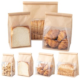 Roppolo 50 Pcs Bread Bags with Tin Tie, Loaf Bags Made Of Brown Cotton Paper, Storage Packing Bag with Clear Window for Bakery, Cafe, Homemade Bread, Mini Size 3.9 Inch