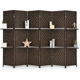 Augester 6 Panels Room dividers, Folding Privacy Screens w/ 2 Shelves, 6Ft Hand-Woven Fiber Freestanding Wall Divider, Portable Wooden Partition Separators Office, Bedroom,Dressing Room, Brown (AU01)