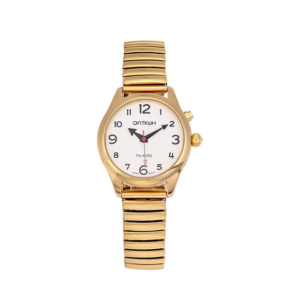 QIATKWH Deutsch sprechende Uhr,Goldschale, Gold verstellbare Länge Edelstahl einziehbares Uhrenarmband,Damenstil