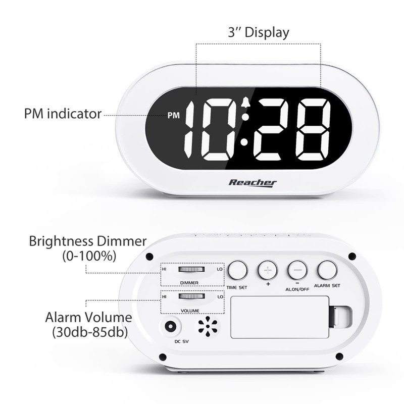 REACHER Small LED Digital Alarm Clock with Snooze, Simple to