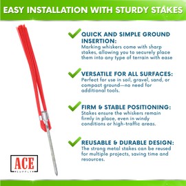 Red Marking Whiskers with Stakes - 100 Pack - Durable Marking Whisker Set - Use Survey Whiskers As Ground Markers, Construction Markers, Or Trail Markers