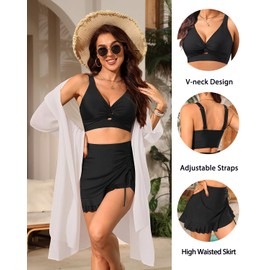 Black Women High Waisted Bikini Set with Skirt - Tummy Control 2 Piece Swimsuit Twist Knot Bathing Suit 2025 M