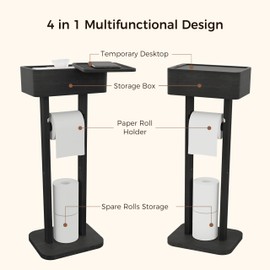 Wealone 4-in-1 Black Toilet Paper Holder Stand with Storage Shelf Box, 360° Rotating Bamboo Free Standing Toilet Tissue Roll, Toilet Wipes Dispenser Organizer, Temporary Desktop for Bathroom (Patent)