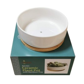 LANKER 6.3 Inch Round White Ceramic Succulent Planter Pot Decorative Cactus Plant Pot Flower Container with Bamboo Tray (Round 6.3Inch)