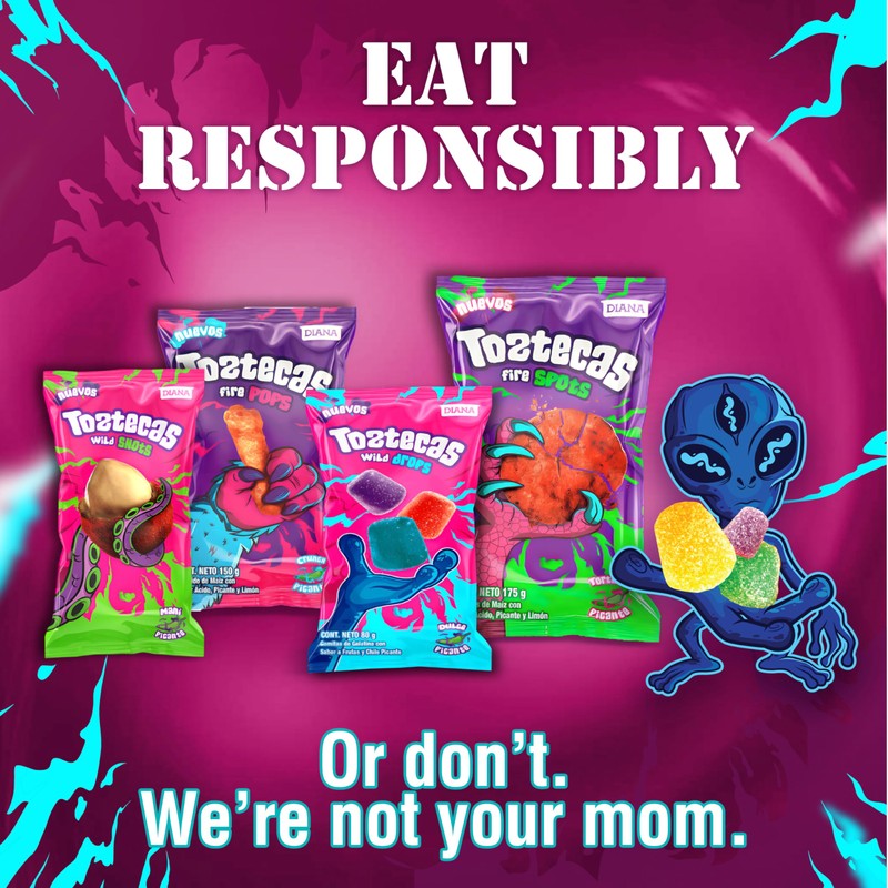 Toztecas Wild Drops, Chewy Gummies, Spicy Fruit Flavored Candy, 2.8